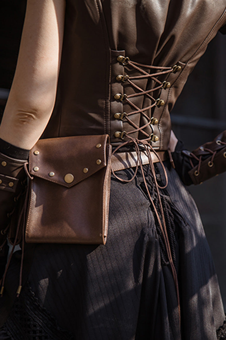 Brown Leather Rivets Corset Gothic Punk Waistcoats Vest