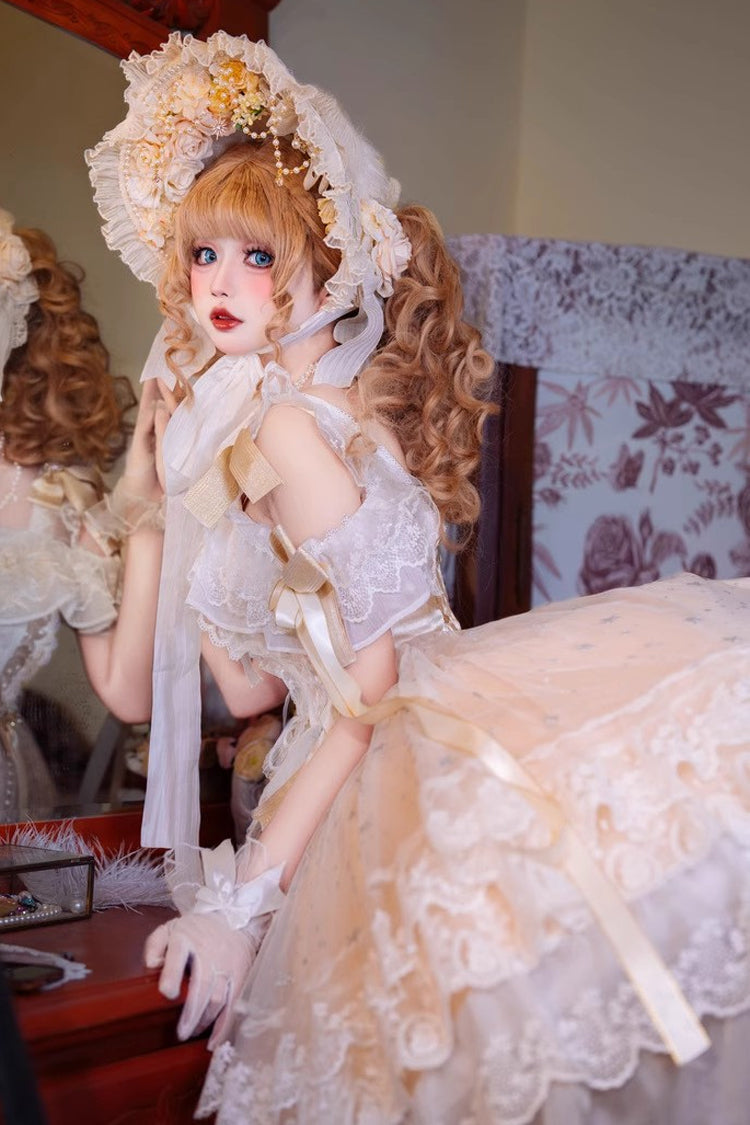 Yellow [Glazed Phantom] Off Shoulder Ruffle Hanayome Bowknot Lace Sweet Elegant Lolita Dress