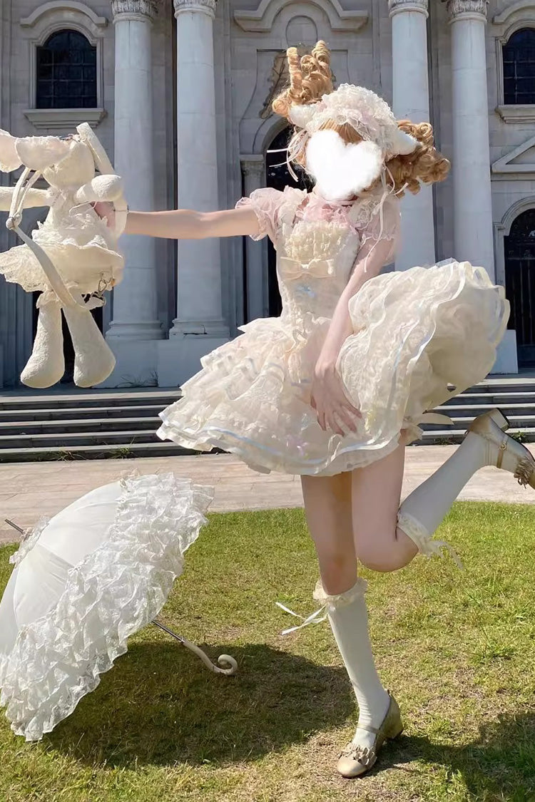 Apricot [Butterfly Heart Ballet] Triple-Layered Ruffle Bowknot Lace Sweet Ballet Lolita Jsk Dress