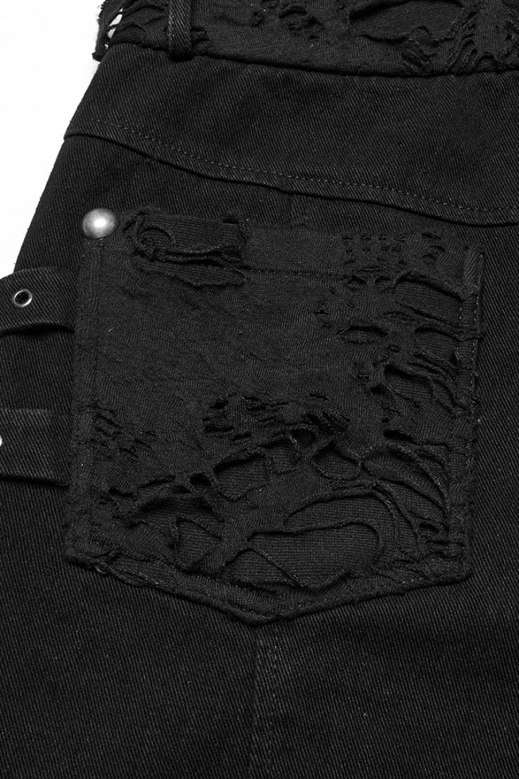 Black Ripped Eyelet Straps Men's Gothic Shorts