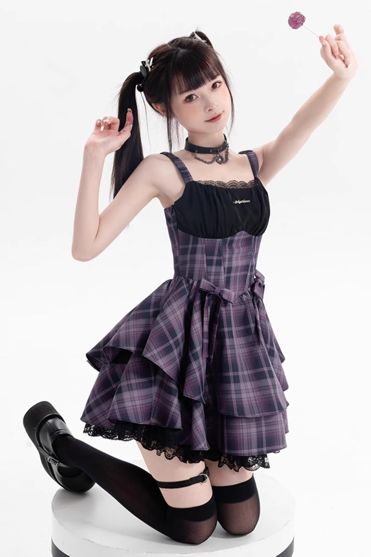 Purple [Magic Cat] Double-Layered Stripe Print Bowknot Sweet Lolita Jumper Dress