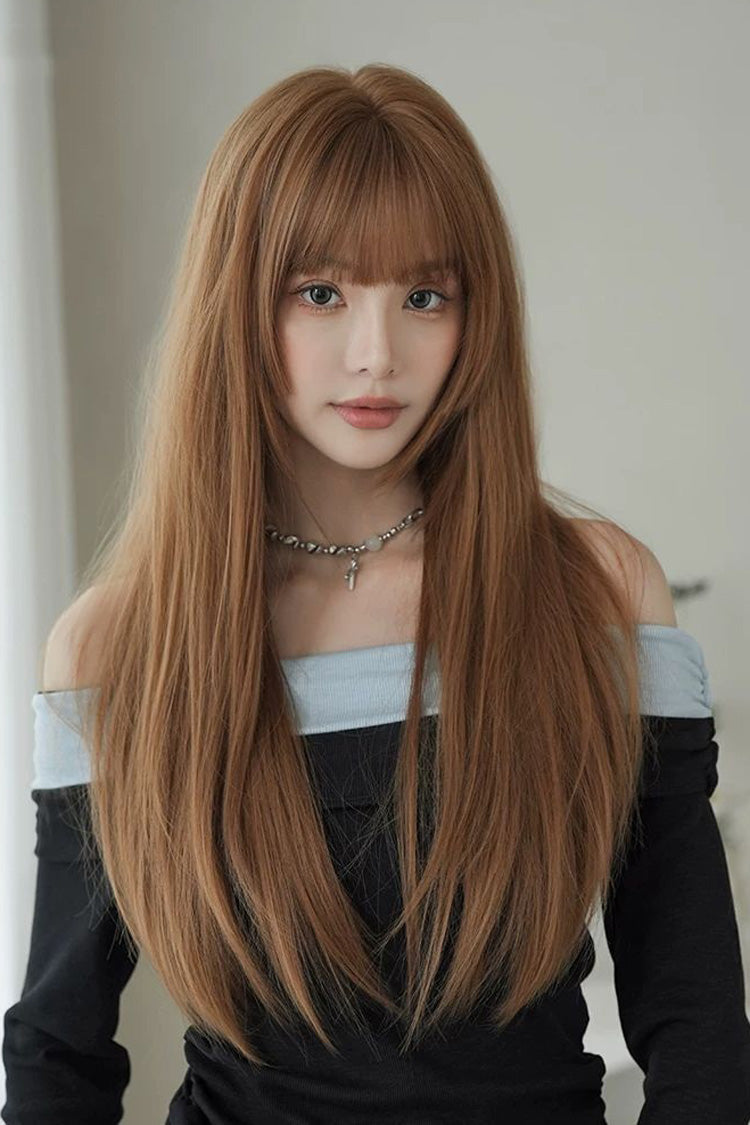 Mocha Mousse Korean Idol Chic Face-Framing Hime Cut Perruque longue et droite avec frange complète