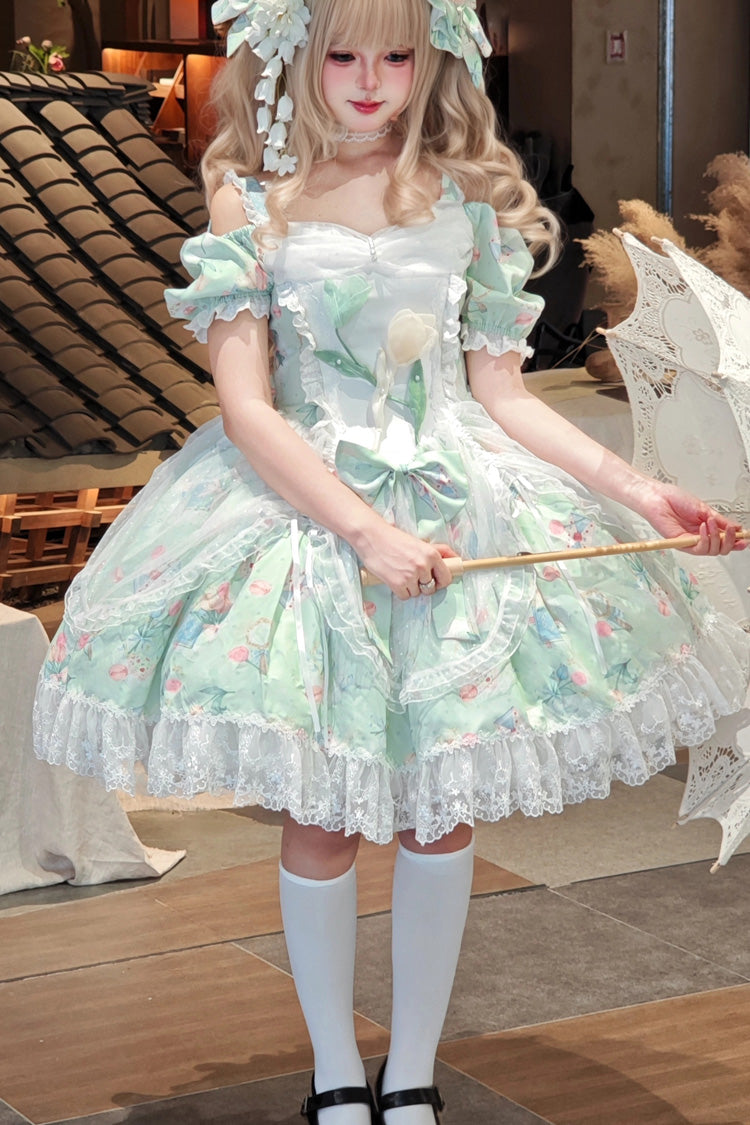Green [Tulip's Letter] Off Shoulder Short Sleeves Print Ruffle Bowknot Lace Sweet Elegant Lolita Dress