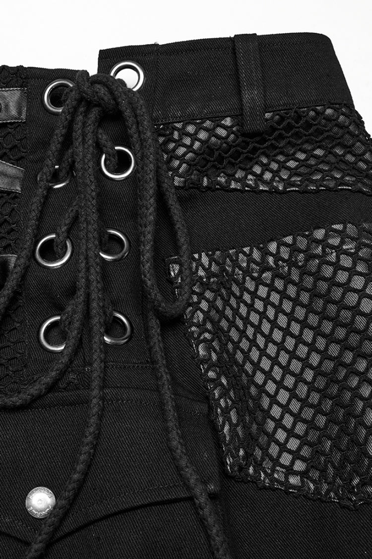 Black Faux Leather Stitching Lace-Up Irregular Mesh Men's Gothic Kilt