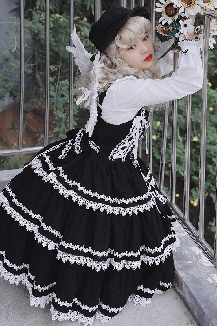 Black/White Three-section Cake Sleeveless Ribbon Sweet Lolita Tiered Dress