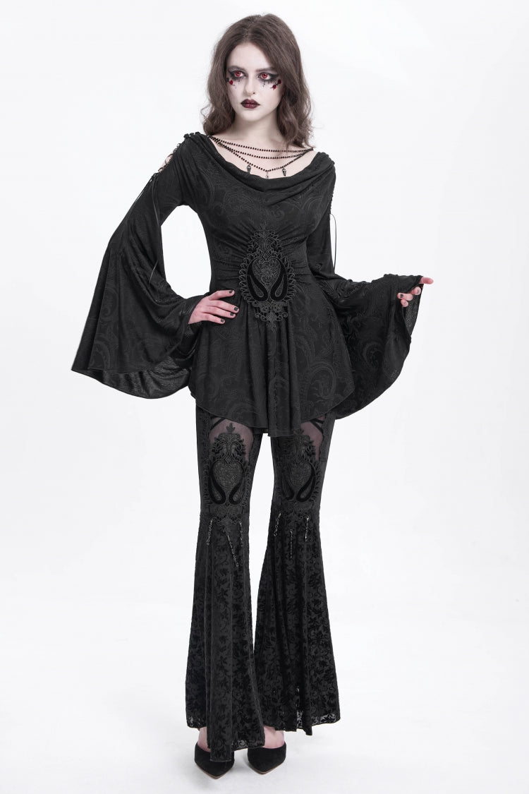 Black Hollow Floral Embroidery Women's Gothic Flared Pants