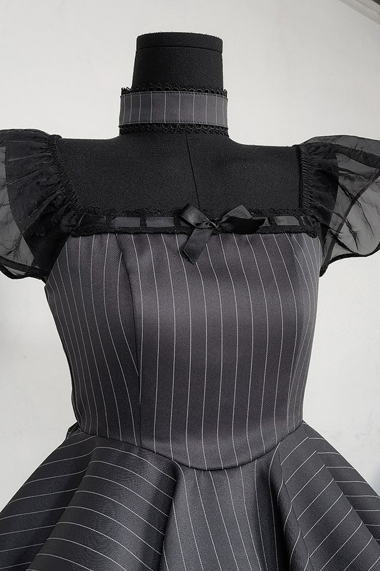Grey Stripe Print Ruffle Bowknot Gothic Japanese Maid Lolita Dress