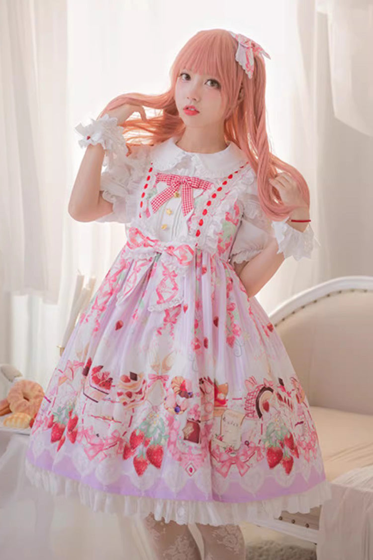 [Strawberry Feast] Sleeveless Printed Ruffled Bow Sweet Lolita Jsk Dress 4 Colors