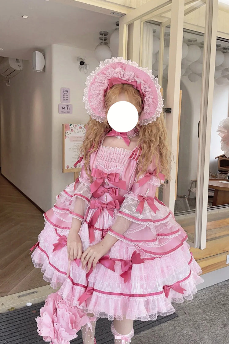 Pink [Velvet Cake] Long Trumpet Sleeves Multi-Layered Ruffle Bowknot Lace Sweet Lolita Dress