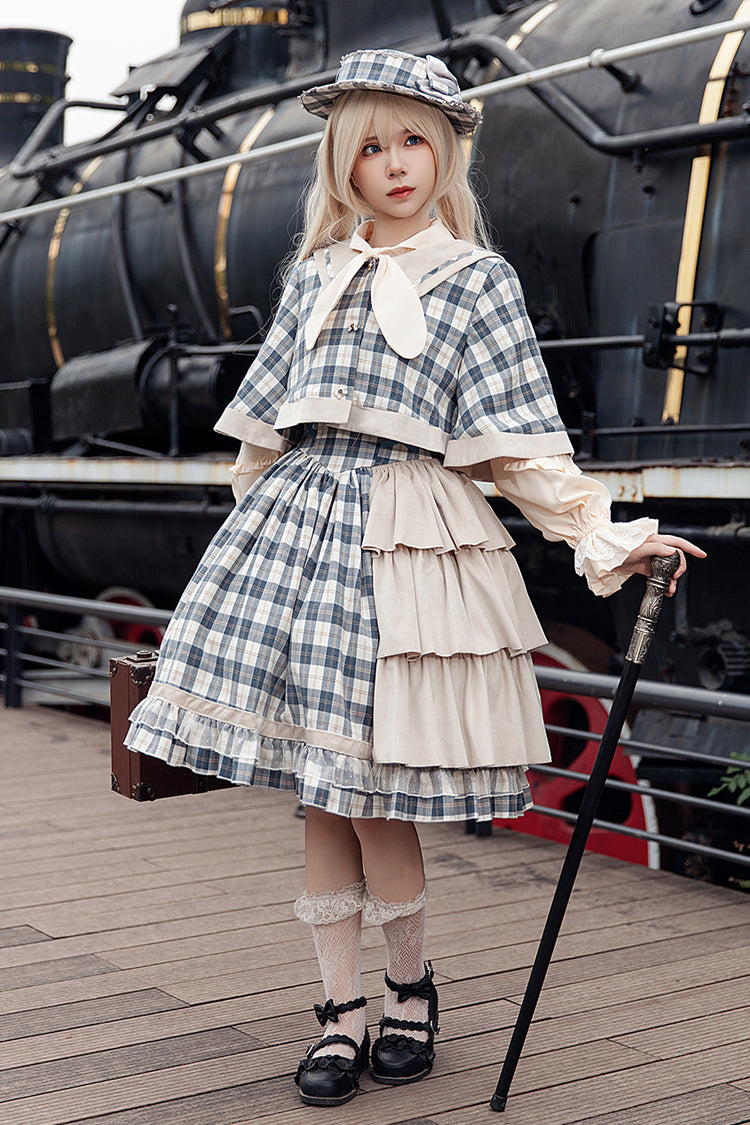 Grey/Blue [Morning Tune] Sleeveless High Waisted Print Ruffle Asymmetric Sweet Lolita Strap Dress