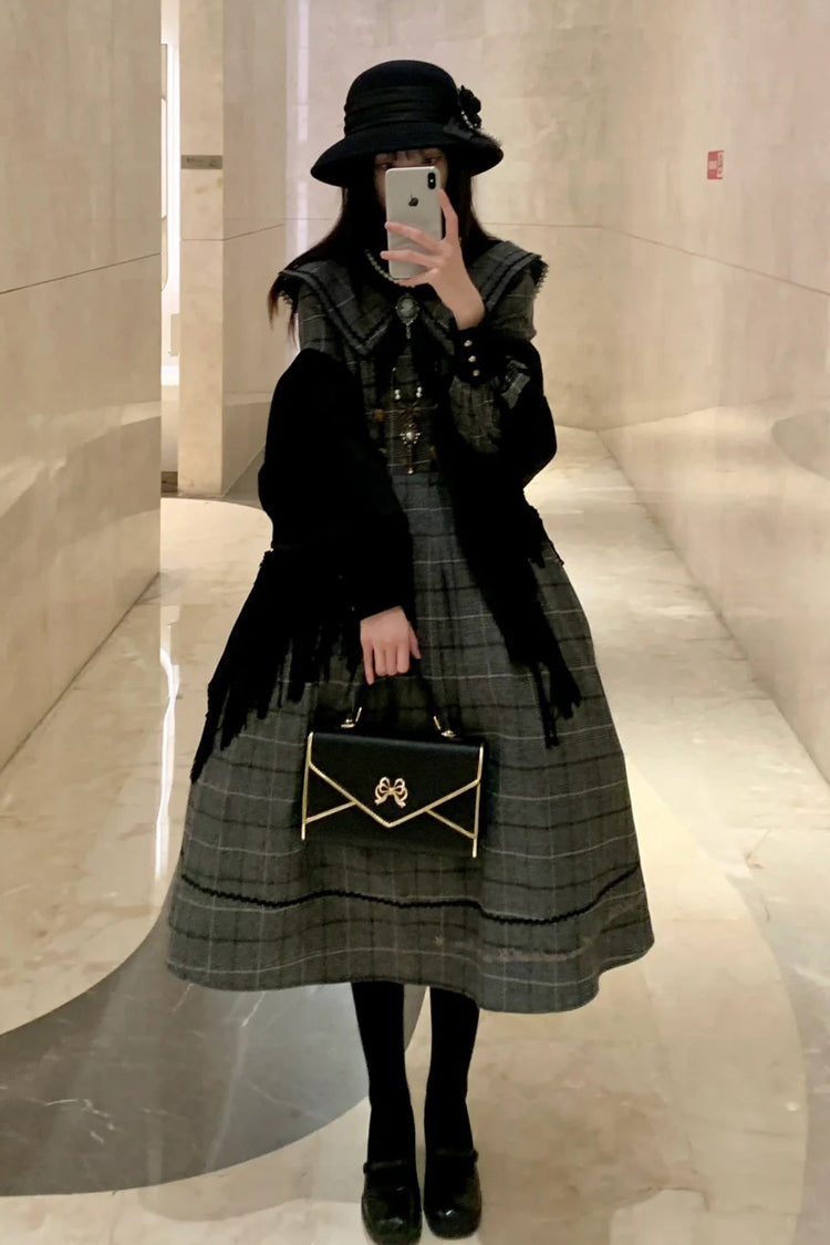 Grey [Fontainebleau] Long Sleeves Plaid Print Bowknot Elegant Sweet Lolita Dress