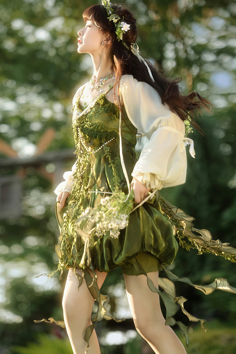 Green [Children of the Forest] Leaf Decoration Ruffle Irregular Sweet Lolita Jsk Dress Set