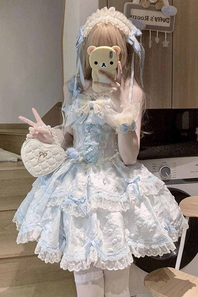 Robe Sweet Lolita Jsk à volants double couche broderie nœud papillon en dentelle [Floral Overture] bleue 