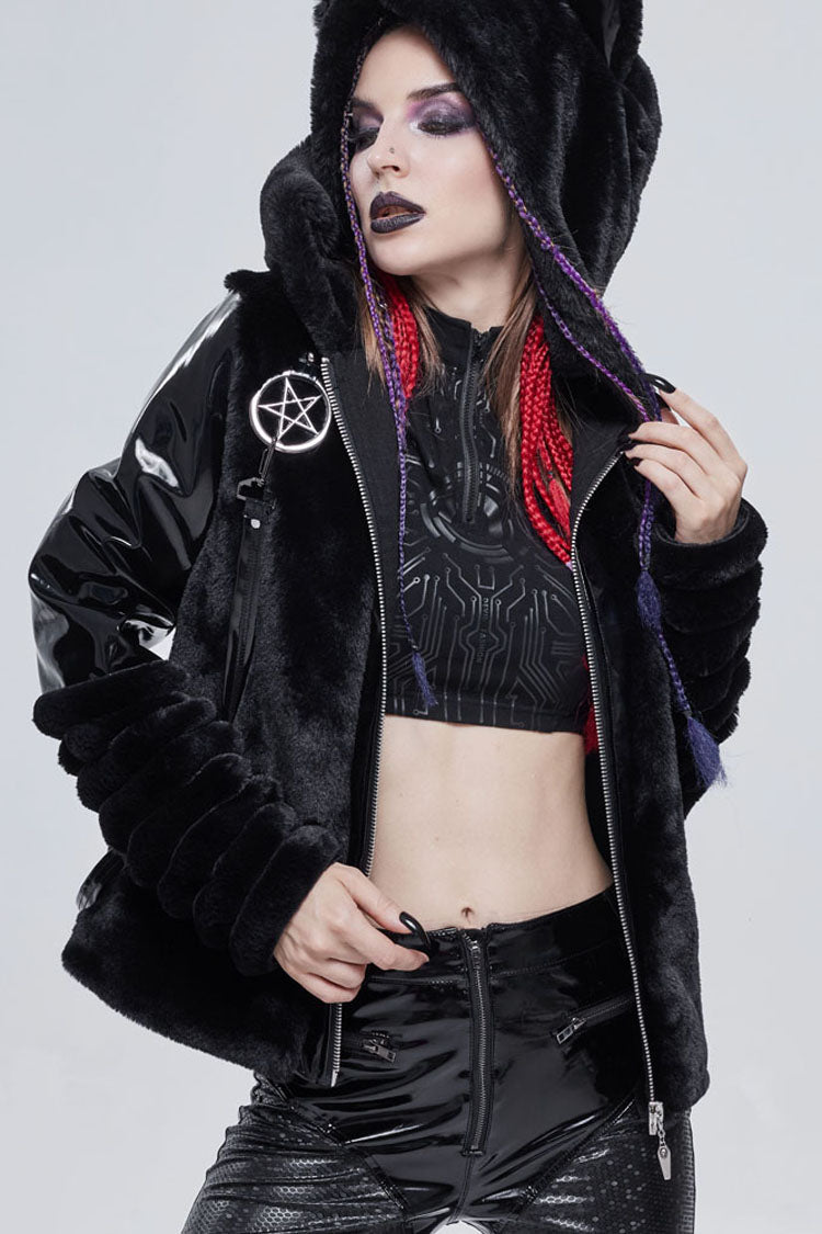 Black Punk Cuff Pleated Design Metal Five-Pointed Star Shape Belt Decoration Cat Ear Women's Coat