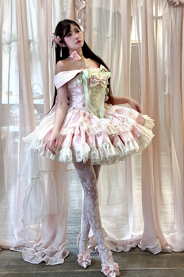Robe Lolita Princesse Douce Romantique à Nœud Papillon en Dentelle à Lacets à Volants à Double Couche avec Encolure Bateau [Tulip Love Song] Rose 