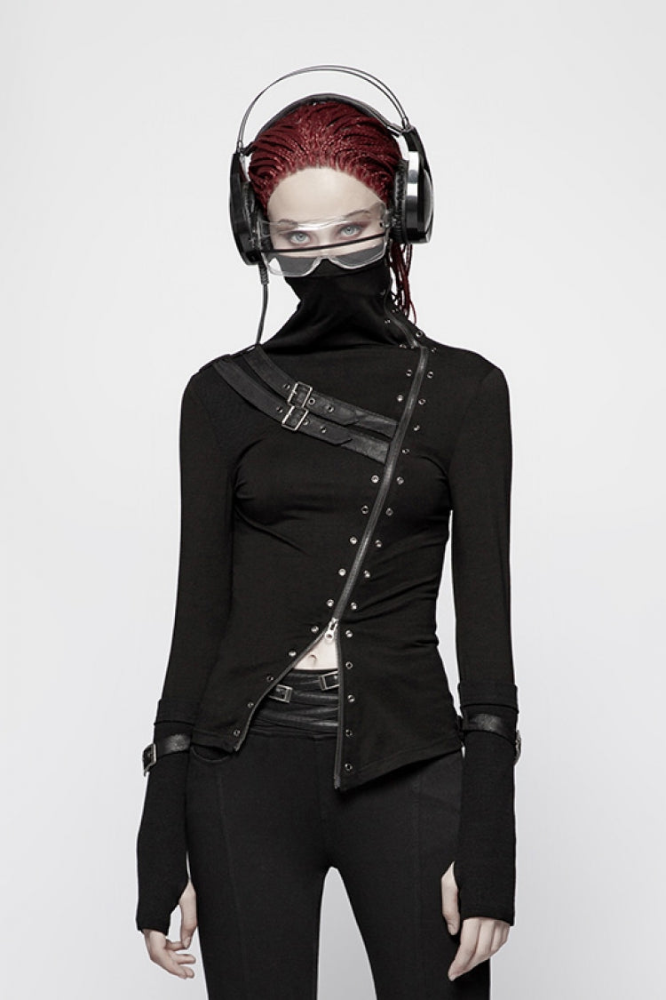 Black High Collar Long Sleeves Zipper Leather Buckle Women's Steampunk T-Shirt
