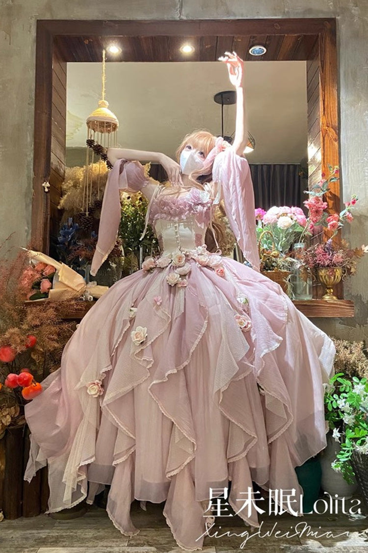 [Praise of the Flower Goddess] Off Shoulder Ruffle Hanayome Bowknot Lace Fishbone Sweet Lolita Jsk Dress 2 Colors