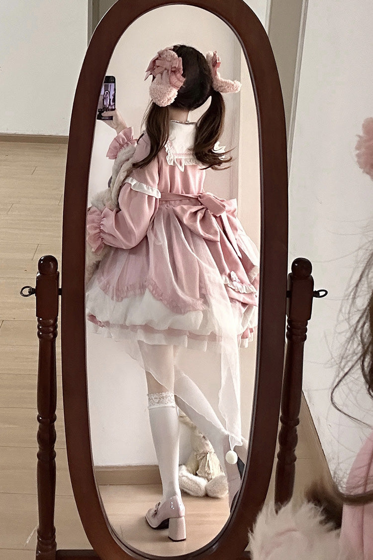 [Pray Star] Long Sleeves Double-Layered Ruffle Bowknot Stitching Lace Sweet Lolita Dress 5 Colors