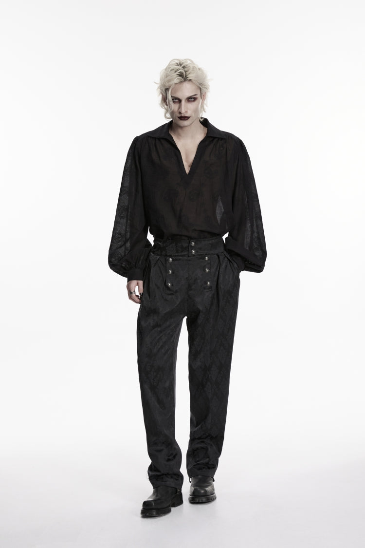 Chemise gothique pour hommes, col à revers noir, manches longues lanterne, imprimé brodé