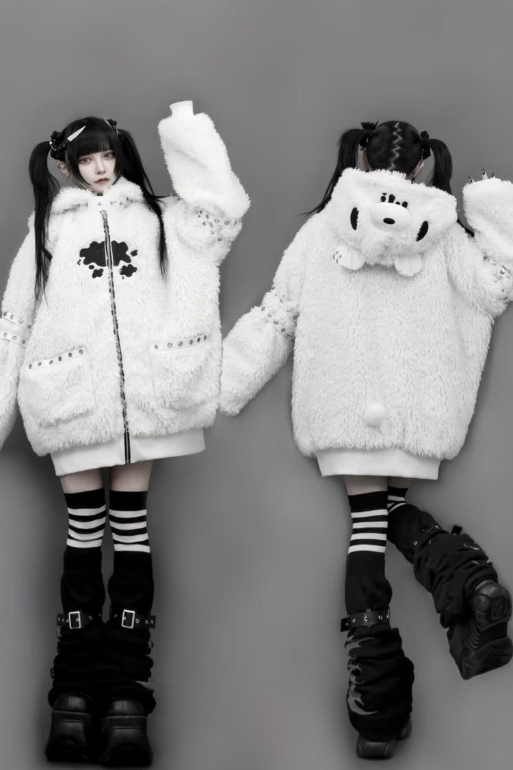 White Long Sleeves Bear Ears Hooded Zippered Gothic Jirai Kei Lolita Coat