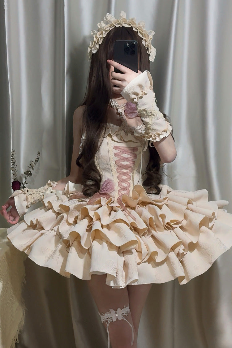 [Sunset Venus] Halterneck Sleeveless Multi-Layered Ruffle Bowknot Lace Fishbone Sweet Lolita Dress 2 Colors