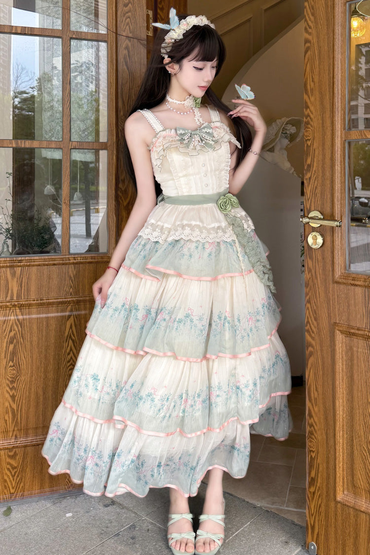 Green [Lilac Thoughts] Sleeveless Gradient Multi-Layered Print Ruffle Bowknot Lace Sweet Lolita Dress Set