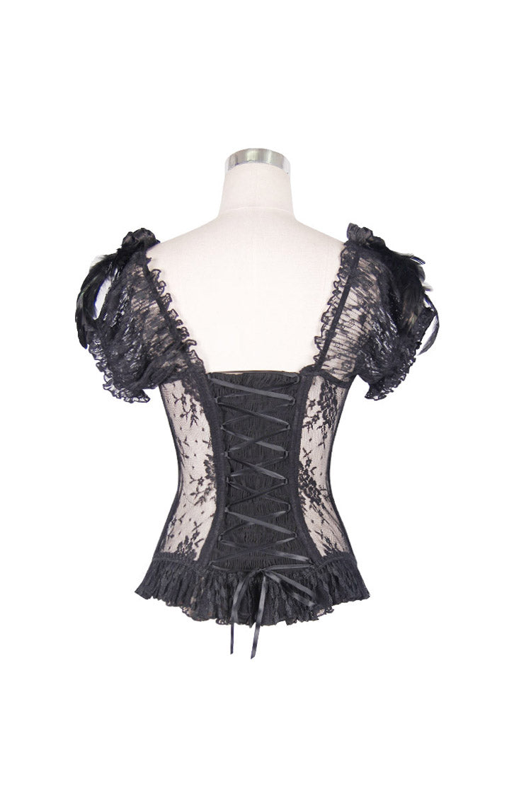 Black Transparent Lace Cotton Waist Fishbone Feather Women's Gothic Flower Corset