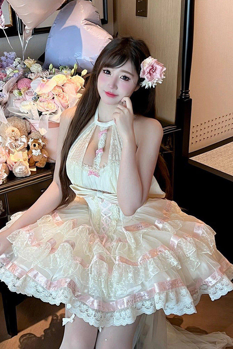 Robe Lolita Beige [Ballet Dream] à col licou avec volants à trois couches, nœud papillon et laçage, style princesse douce 
