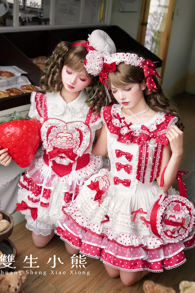 Red/White [Twin Bears] Sleeveless Triple-Layered Print Ruffle Bowknot Lace Sweet Lolita Jsk Dress