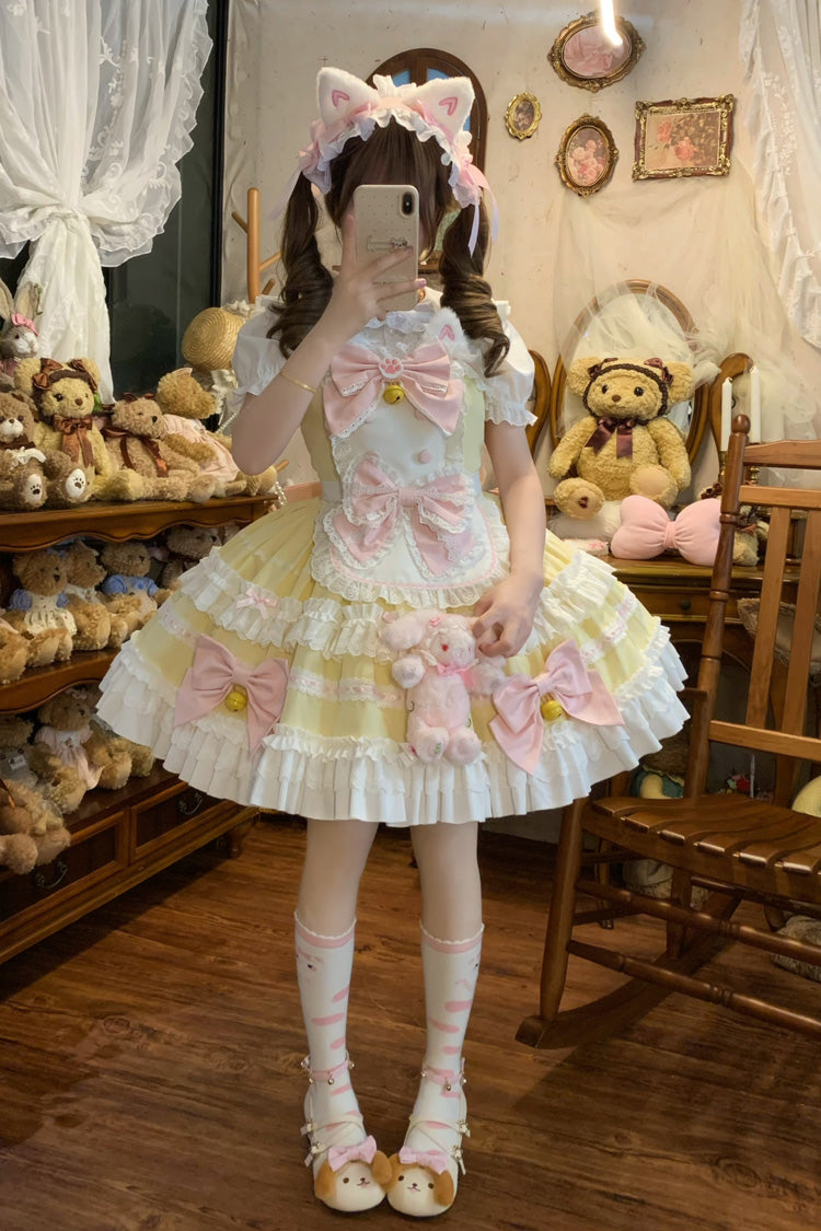 Yellow [Meowling Sweet Maid] Sleeveless Multi-Layered Ruffle Bowknot Lace Sweet Princess Lolita Jsk Dress