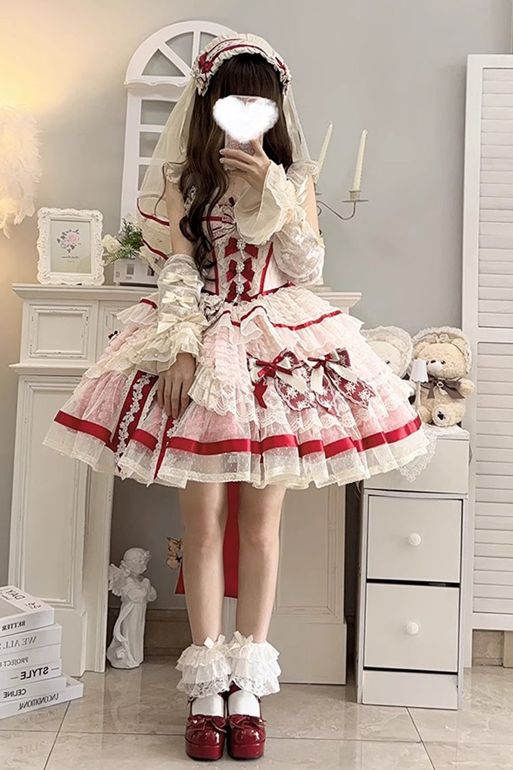 Pink [Moonstone] Sleeveless Ruffle Embroidery Bowknot Lace Fishbone Sweet Princess Lolita Dress