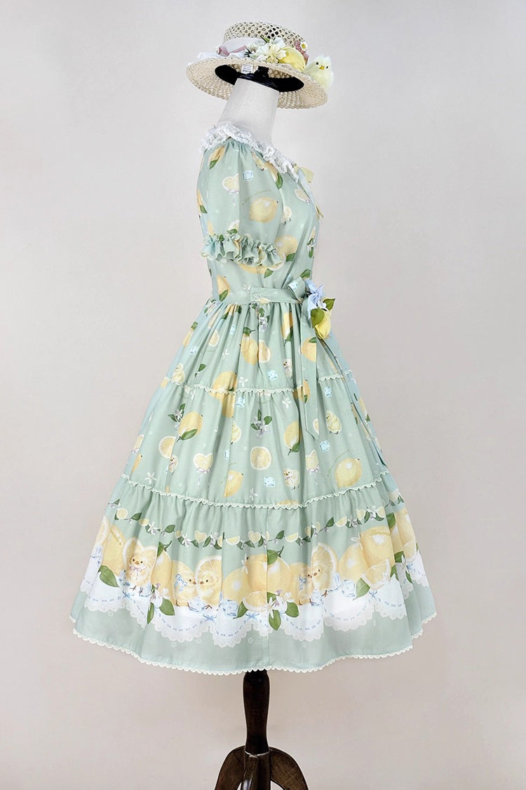 Green [Lemon Chicken] Short Sleeves Print Ruffle Bowknot Lace Daily Sweet Lolita Dress