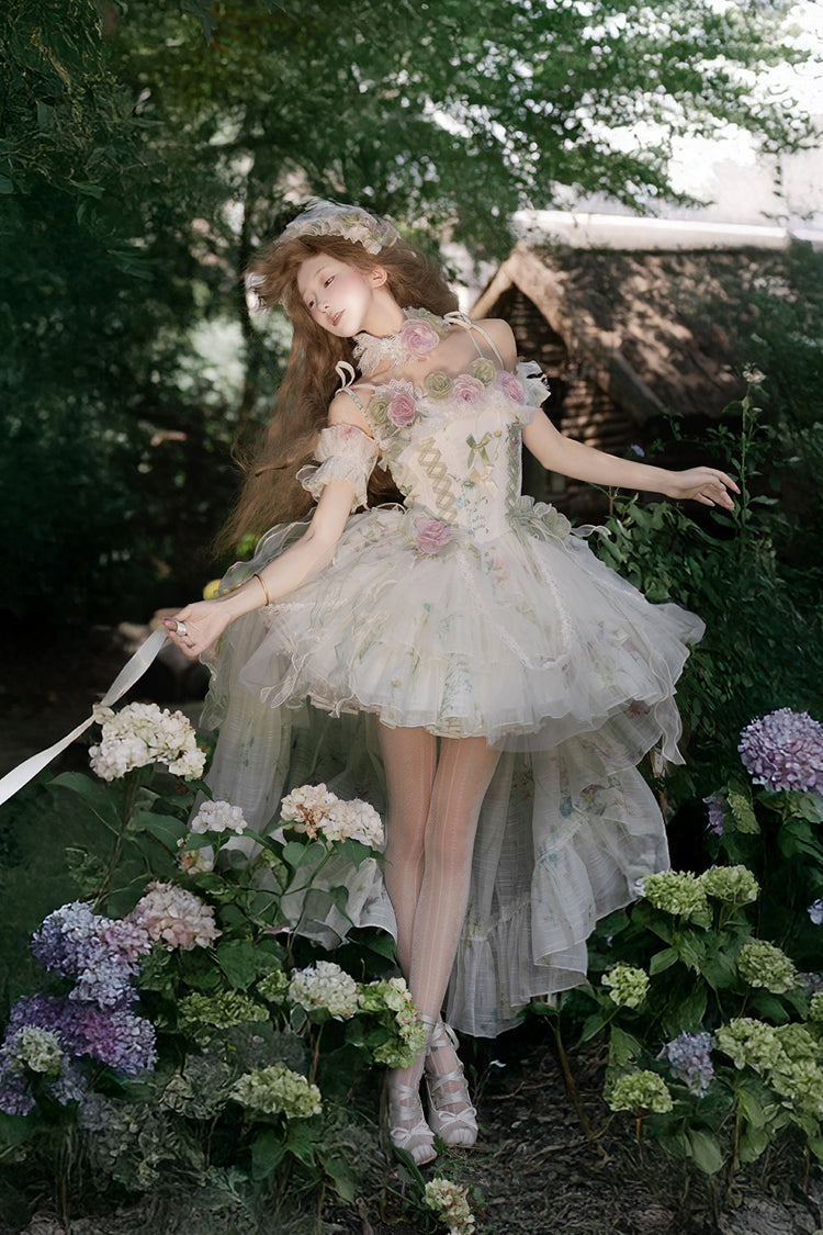 Green [Spring Rose] Sleeveless Multi-Layered Bowknot Lace-Up Fishbone Sweet Lolita Jsk Dress