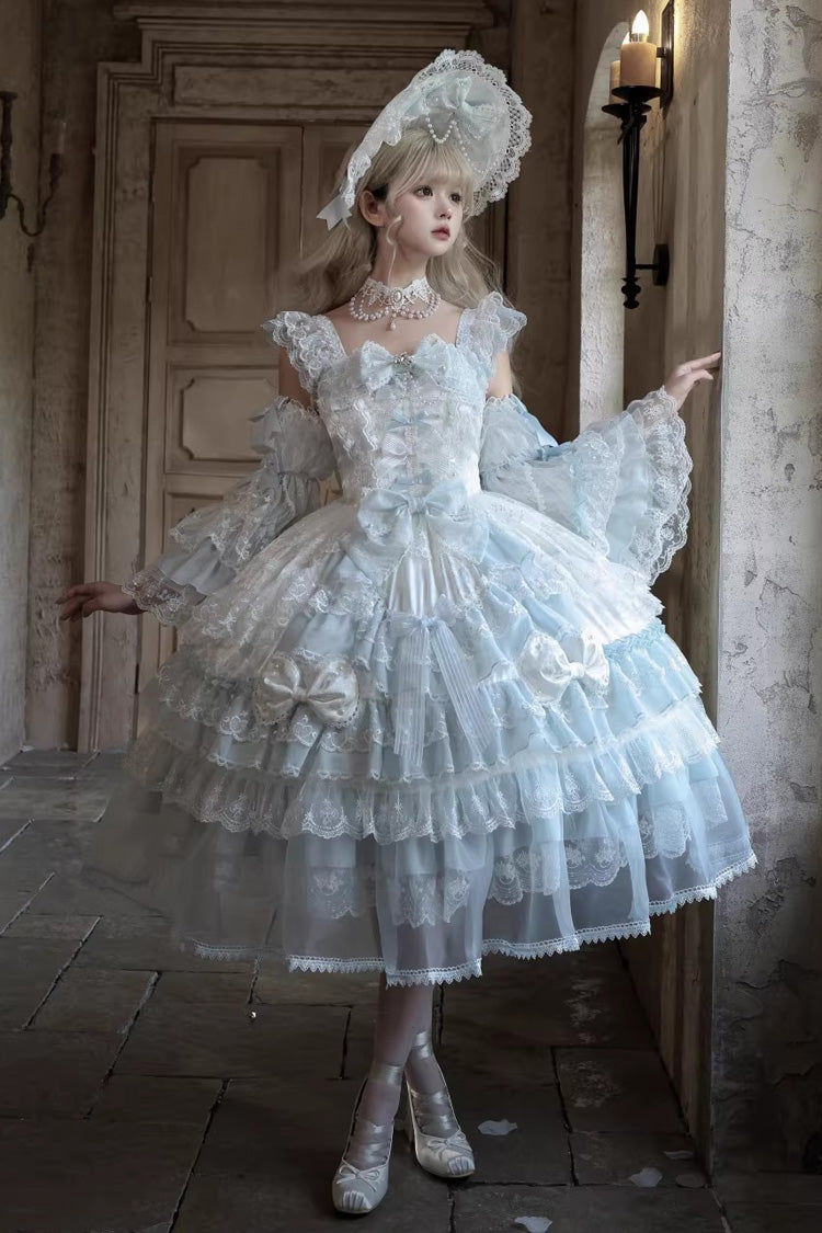 Blue [Prelude of Spring] Sleeveless Multi-Layered Ruffled Bow Lace Sweet Princess Lolita Jsk Dress