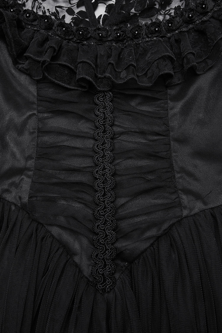 Black Stand Collar Hollow Embroidery Flocking Mesh Women's Gothic Formal Dress