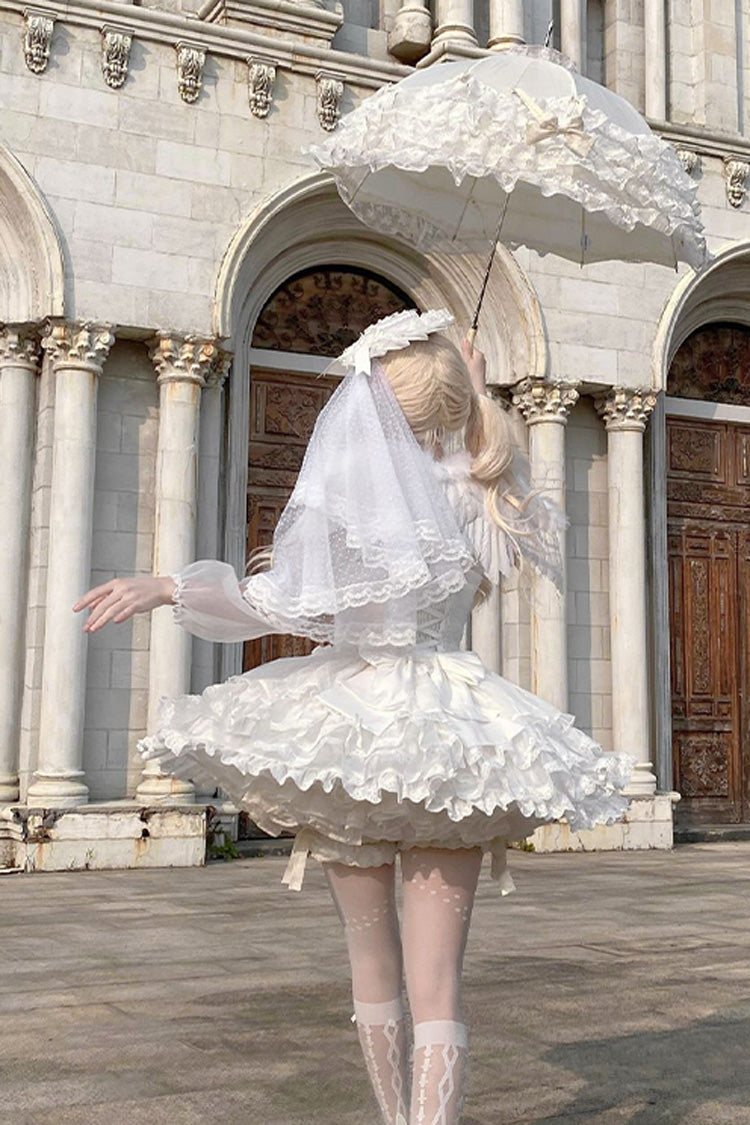 Robe Lolita Jsk de ballet douce avec nœud papillon à volants à double couche en dentelle à lacets [Flory Butterfly] blanche 