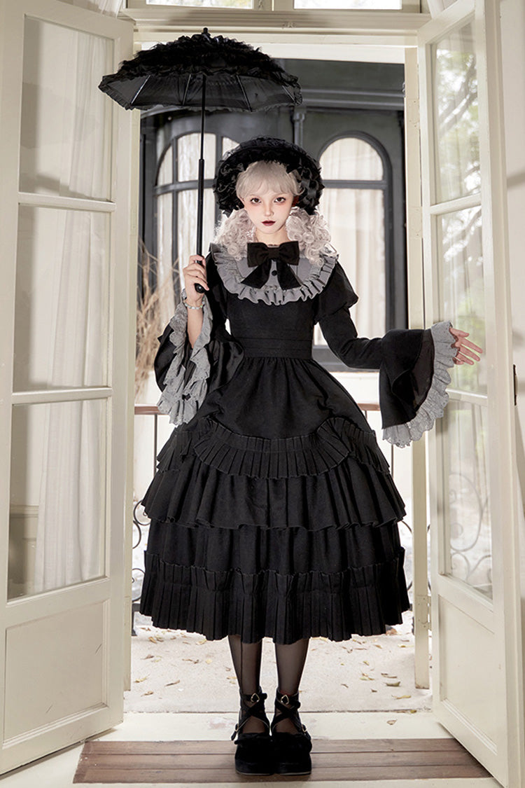 Black [Chapter of the Night] Long Hime Sleeves Ruffle Bowknot Gothic Lolita Dress
