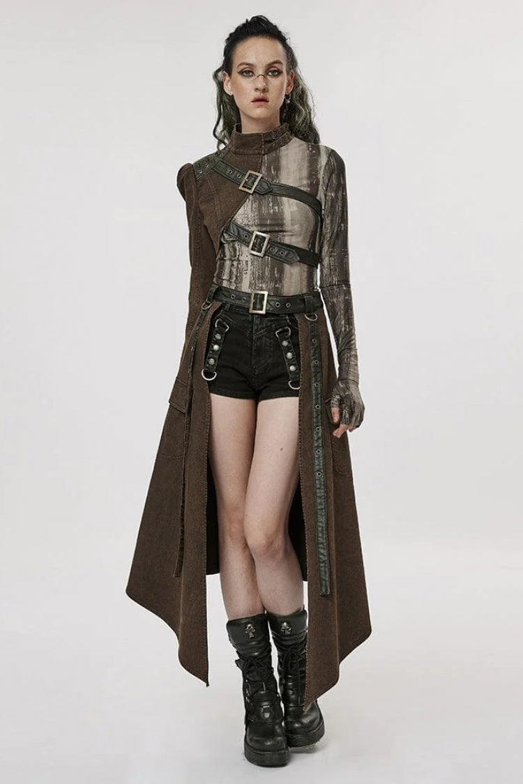 Damen Stehkragen Nietenschnalle Steampunk Einarmjacke 2 Farben
