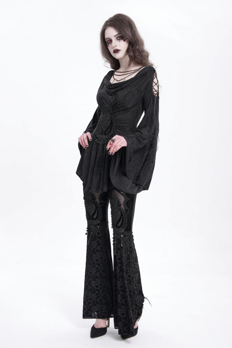 Black Long Trumpet Sleeves Print Embroidery Women's Gothic Blouse