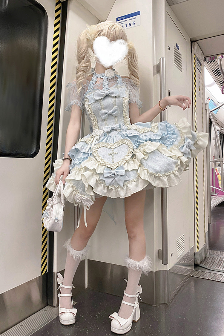 Blue [Heart of Butterfly] Halterneck Sleeveless Multi-Layered Ruffle Embroidery Princess Ballet Lolita Jsk Dress Set