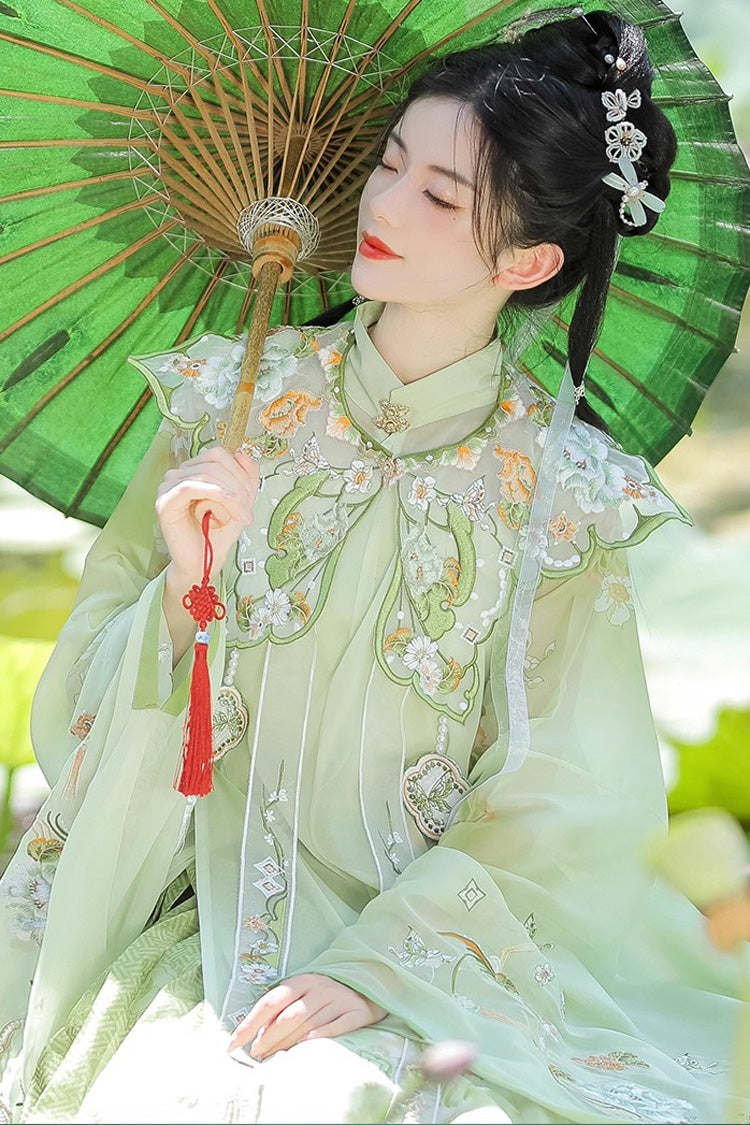 Green [Emerald Fantasy] Ming Dynasty Round Collar Long Sleeves Print Embroidery Sweet Hanfu Dress Set