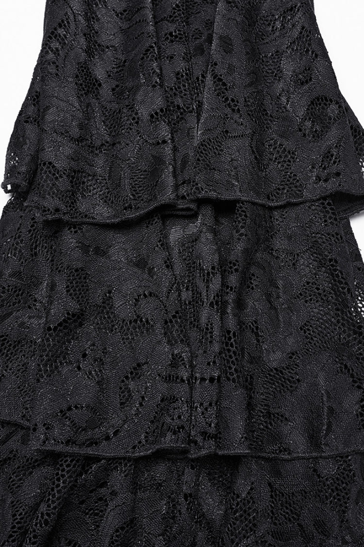 Schwarze dreifach geschichtete Rüschen-Schnür-Mesh-Gothic-Hose für Damen 