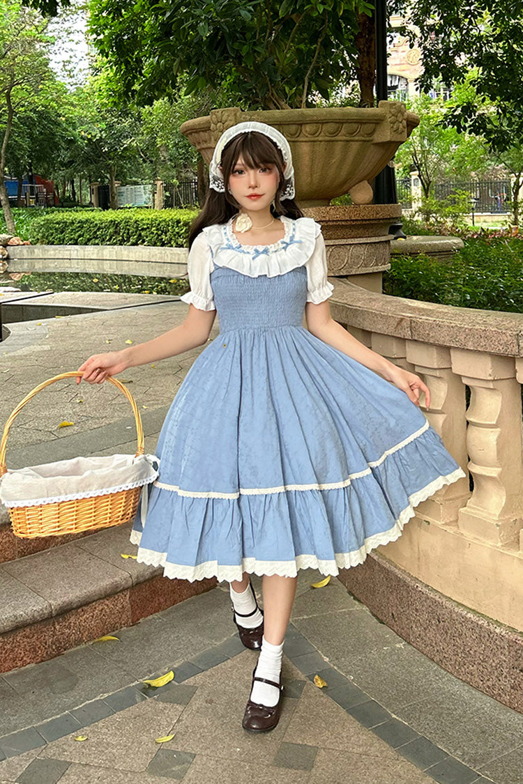 Blue Print Ruffle Stitching Lace Sweet Lolita Strap Dress Set