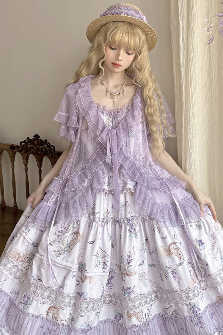 Purple [Pea Squirrel] Sleeveless Multi-Layered Pastoral Print Ruffle Embroidery Lace Sweet Elegant Lolita Jsk Dress