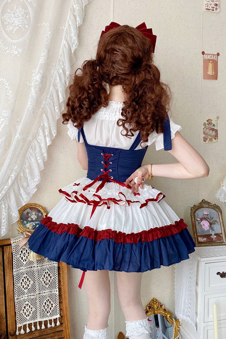 Rot/Weiß/Blau [Märchen-Ouvertüre] Süßes Lolita-Ballettkleid mit dreilagigem Rüschen-Schleifen-Fischgrätenmuster