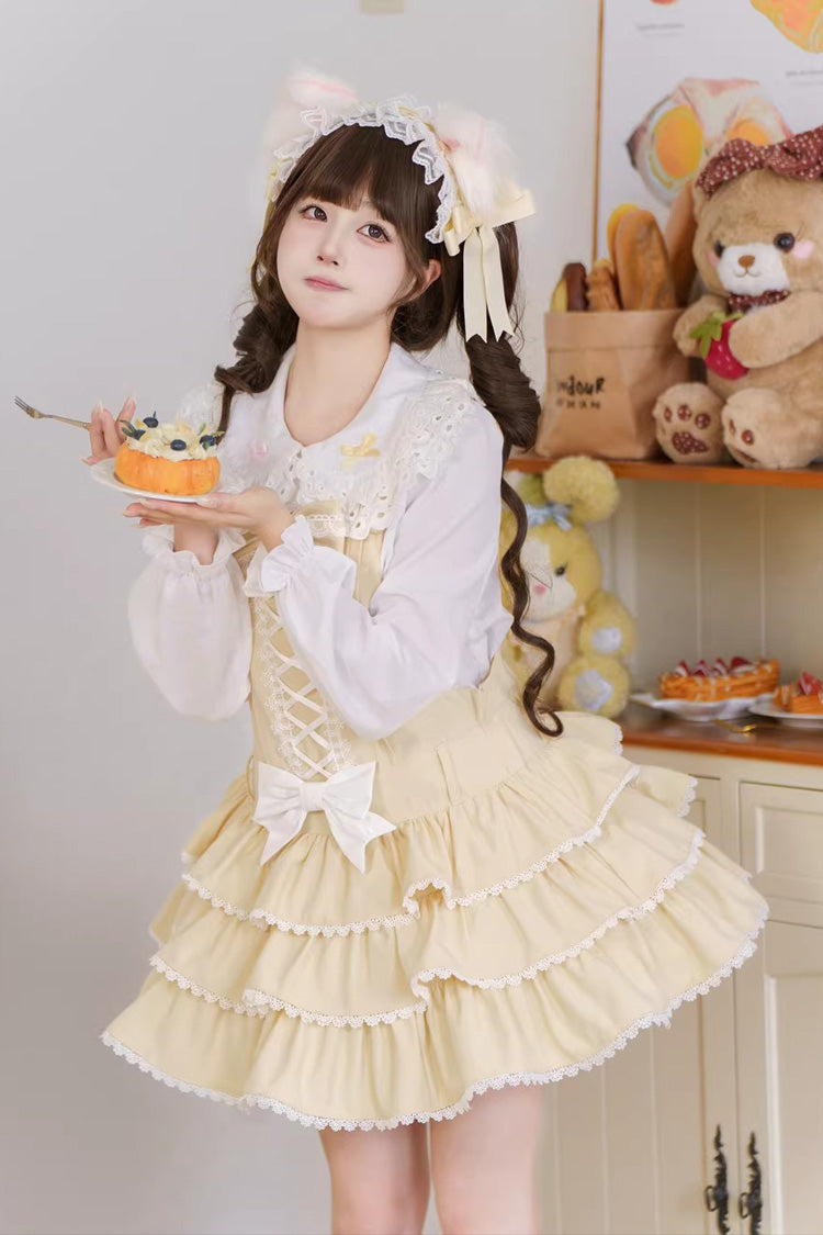 イエロー懐かしい昭和カスタードシュークリームノースリーブ三層フリルリボンレースアップティアードケーキスイートJSKドレス