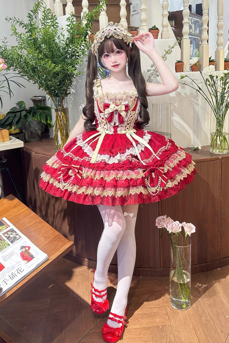 Red [Gilded Memories] Sleeveless Double-Layered Ruffle Hot Stamping Bowknot Lace Sweet Lolita Jsk Dress