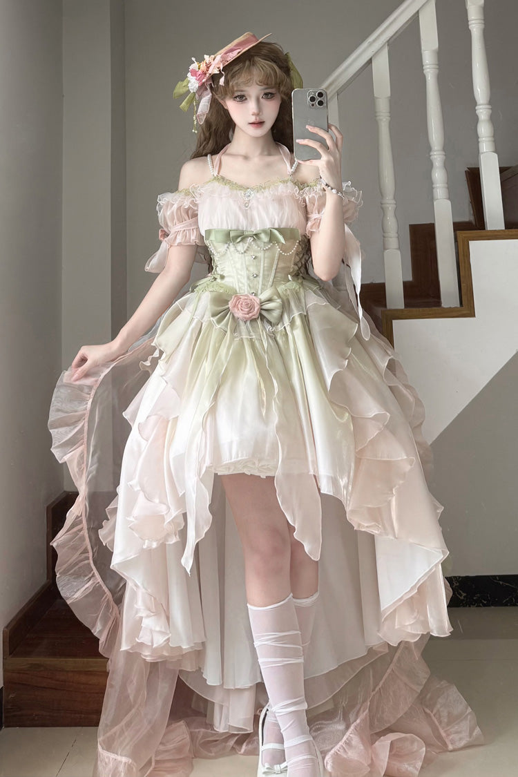 Light Pink/Green Bowknot Irregular Sweet Princess Lolita Jsk Dress