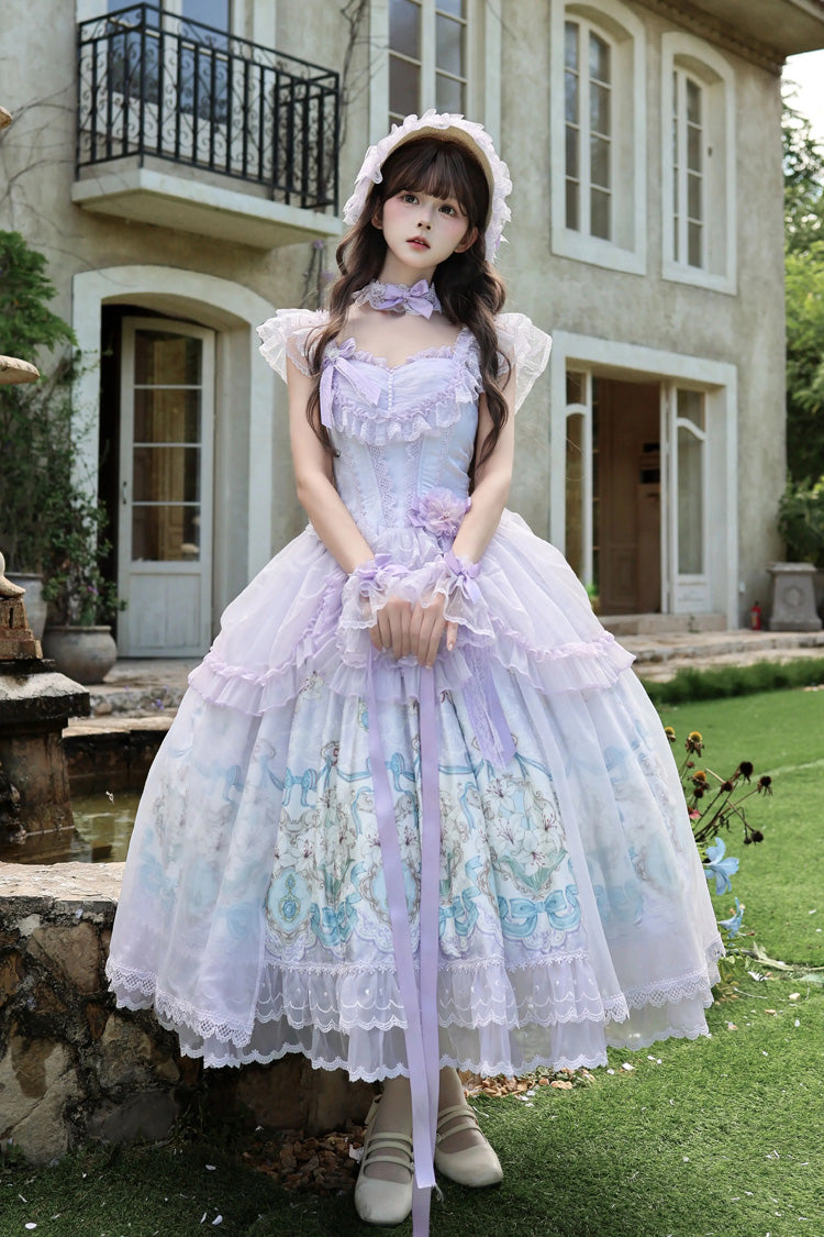 Purple [Lily Tale] Square Collar Flutter Sleeves Printed Ruffled Bow Lace Sweet Elegant Luxurious Lolita Jsk Dress