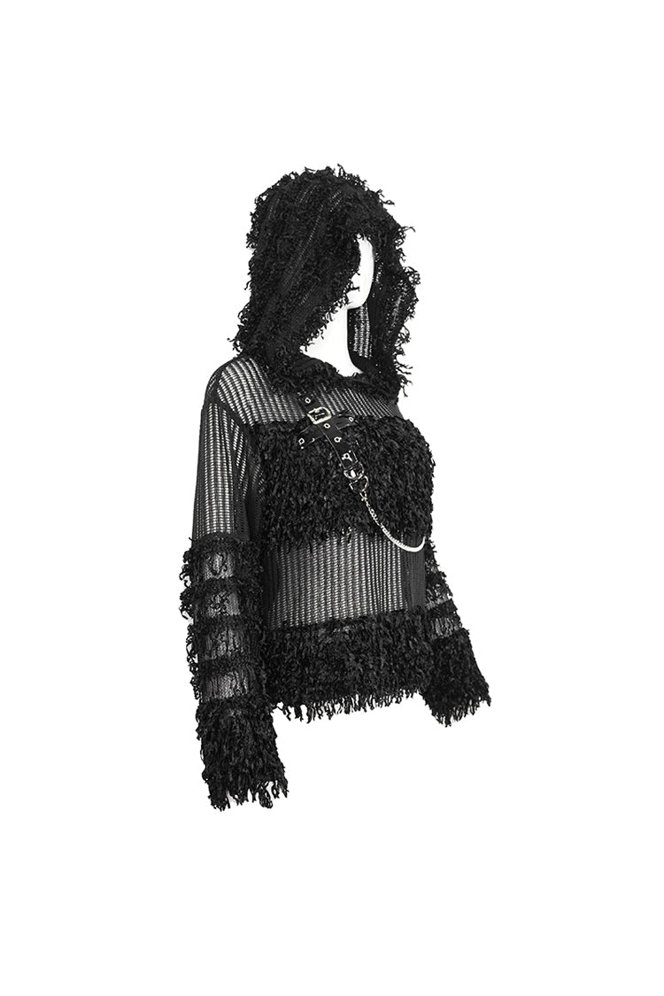 Black Segmented Mesh Matching Chain Women's Punk Hooded Sweater